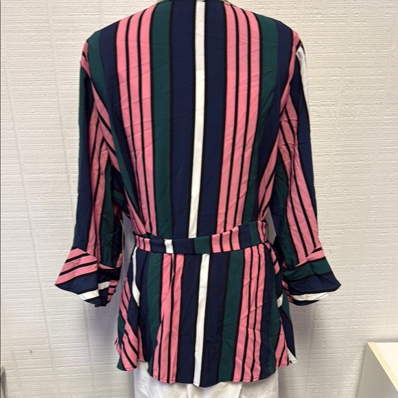 Eloquii Blue and Pink Bell Sleeve Wrap Blouse - Picture 4 of 6